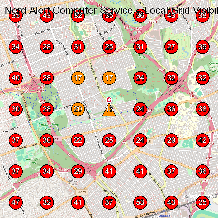 Nerd Alert Computer Service GeoGrid visibility map for Restaurants in Jamaica